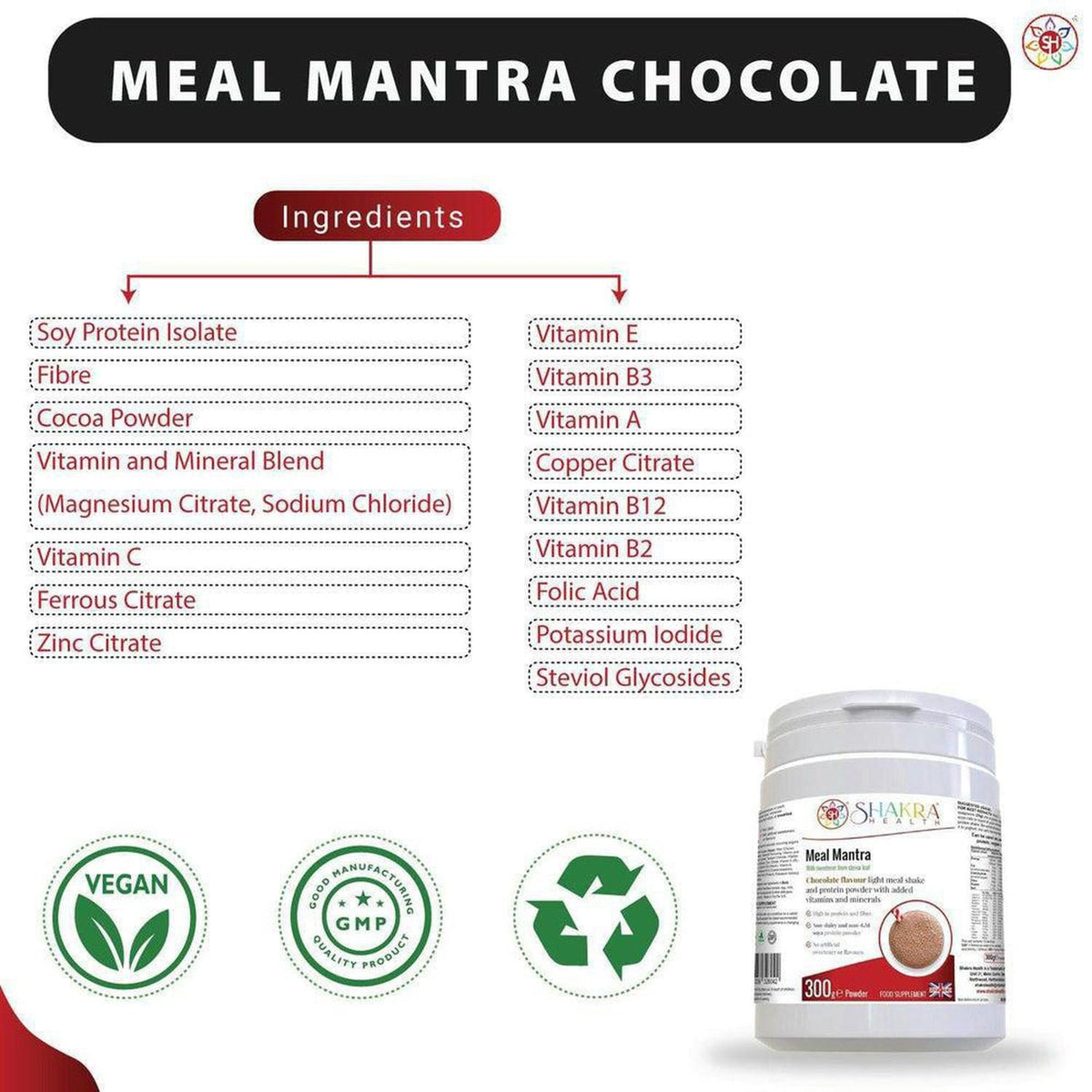 Meal Mantra Chocolate protein shake tub with an ingredient list, vegan, GMP, and recycling icons on a white background.