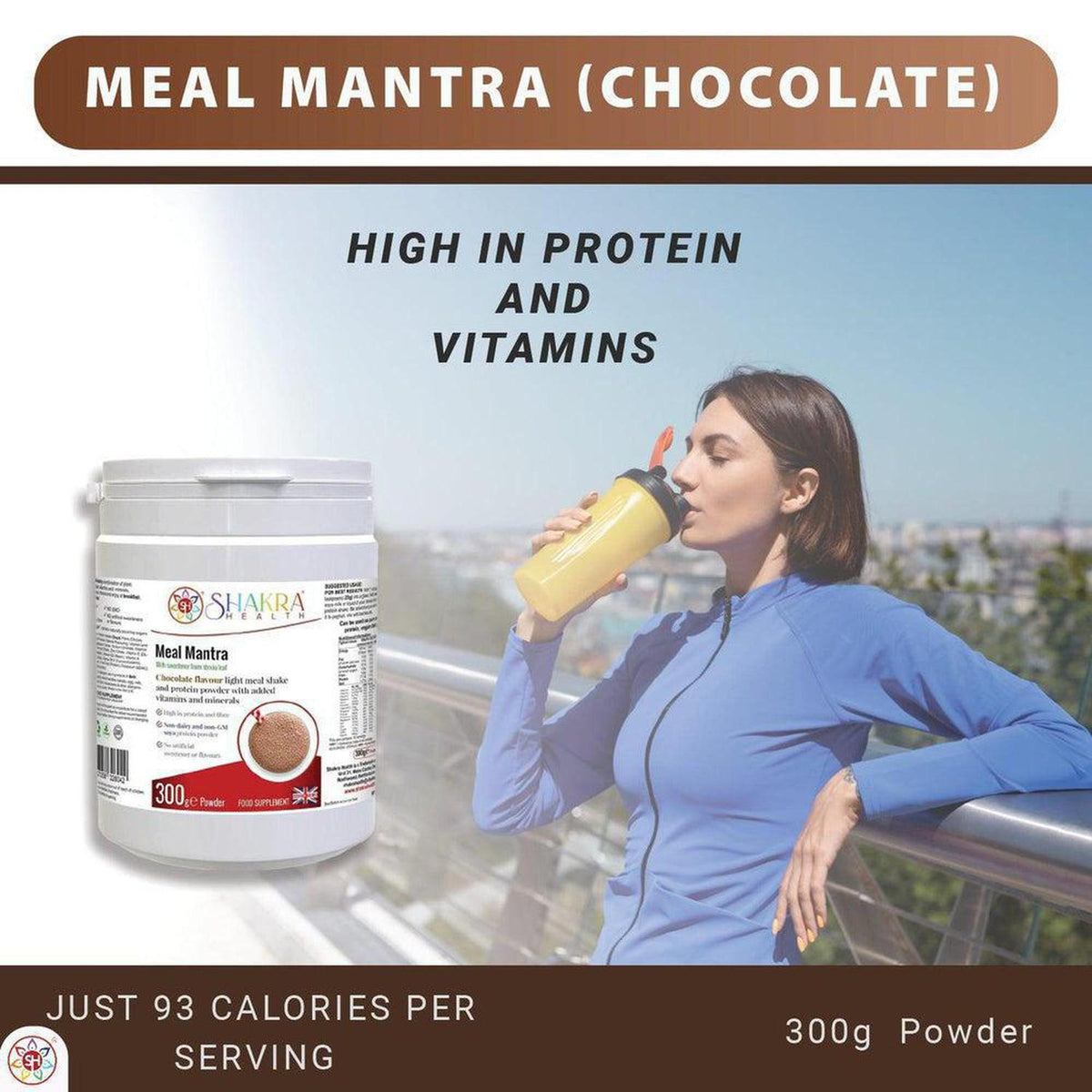 300g tub of Meal Mantra chocolate protein powder next to a woman drinking a shake from a yellow shaker bottle.