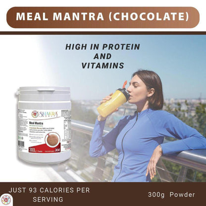 300g tub of Meal Mantra chocolate protein powder next to a woman drinking a shake from a yellow shaker bottle.