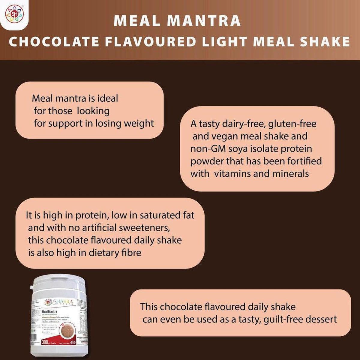 Meal Mantra chocolate protein shake tub on a brown background with informative text about its vegan, high-protein benefits.