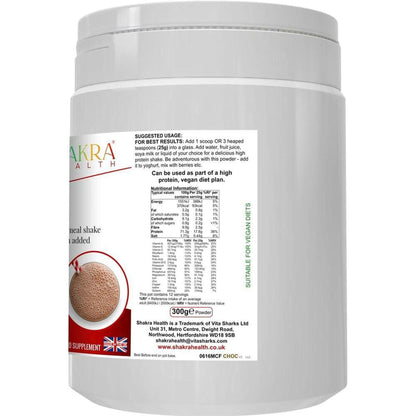 White plastic tub of Meal Mantra chocolate protein powder with a detailed nutritional information label and 300g weight.