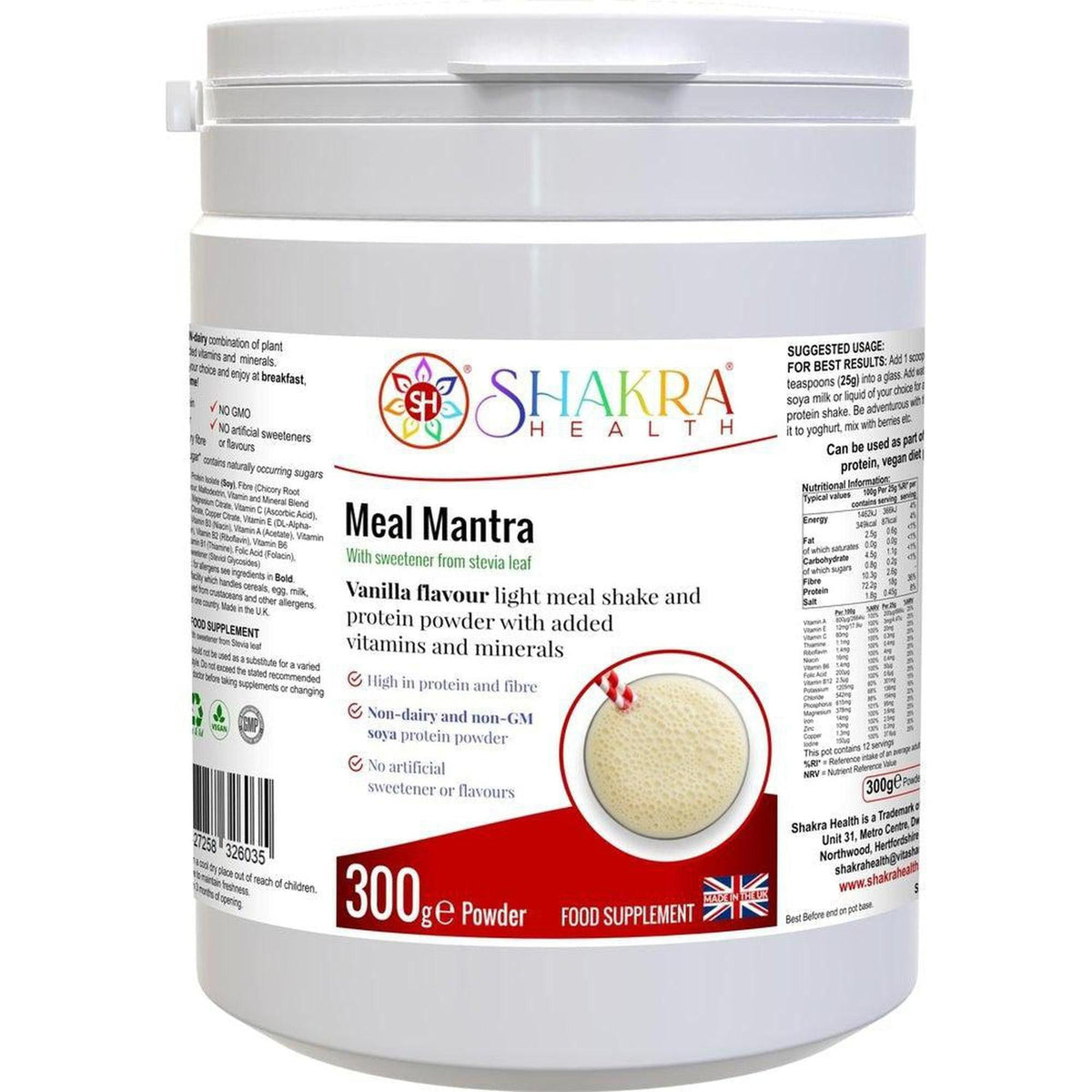 White 300g tub of Meal Mantra Vanilla protein powder with a Shakra Health logo and nutritional information label.