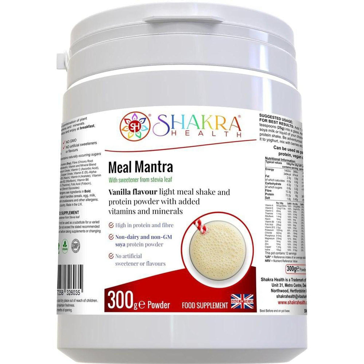White tub of Meal Mantra Vanilla protein powder with red branding, nutritional information, and a creamy shake graphic.