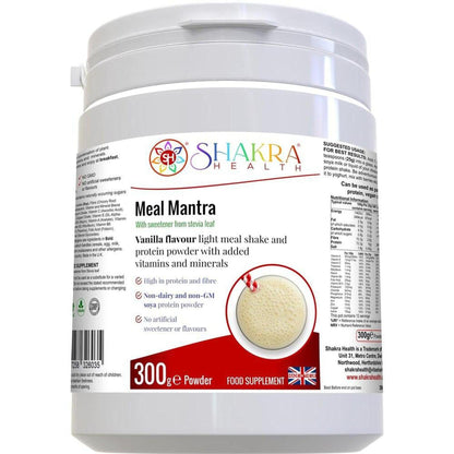 White tub of Meal Mantra Vanilla protein powder with red branding, nutritional information, and a creamy shake graphic.