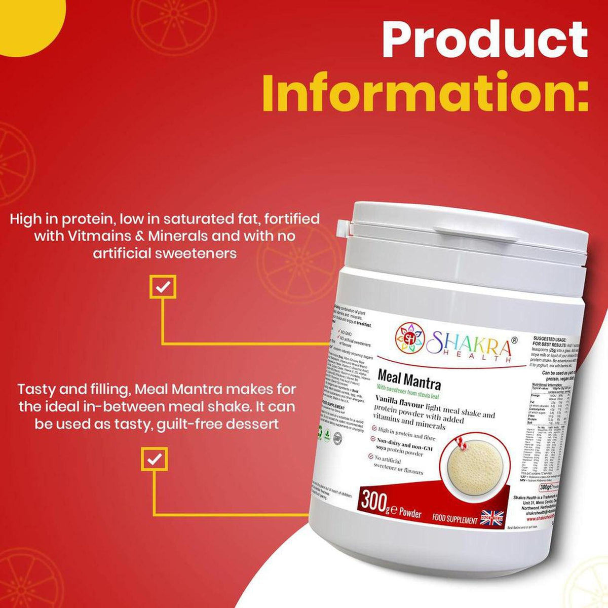 Shakra Health Meal Mantra vanilla protein powder tub with nutritional information and product benefits on a red background.