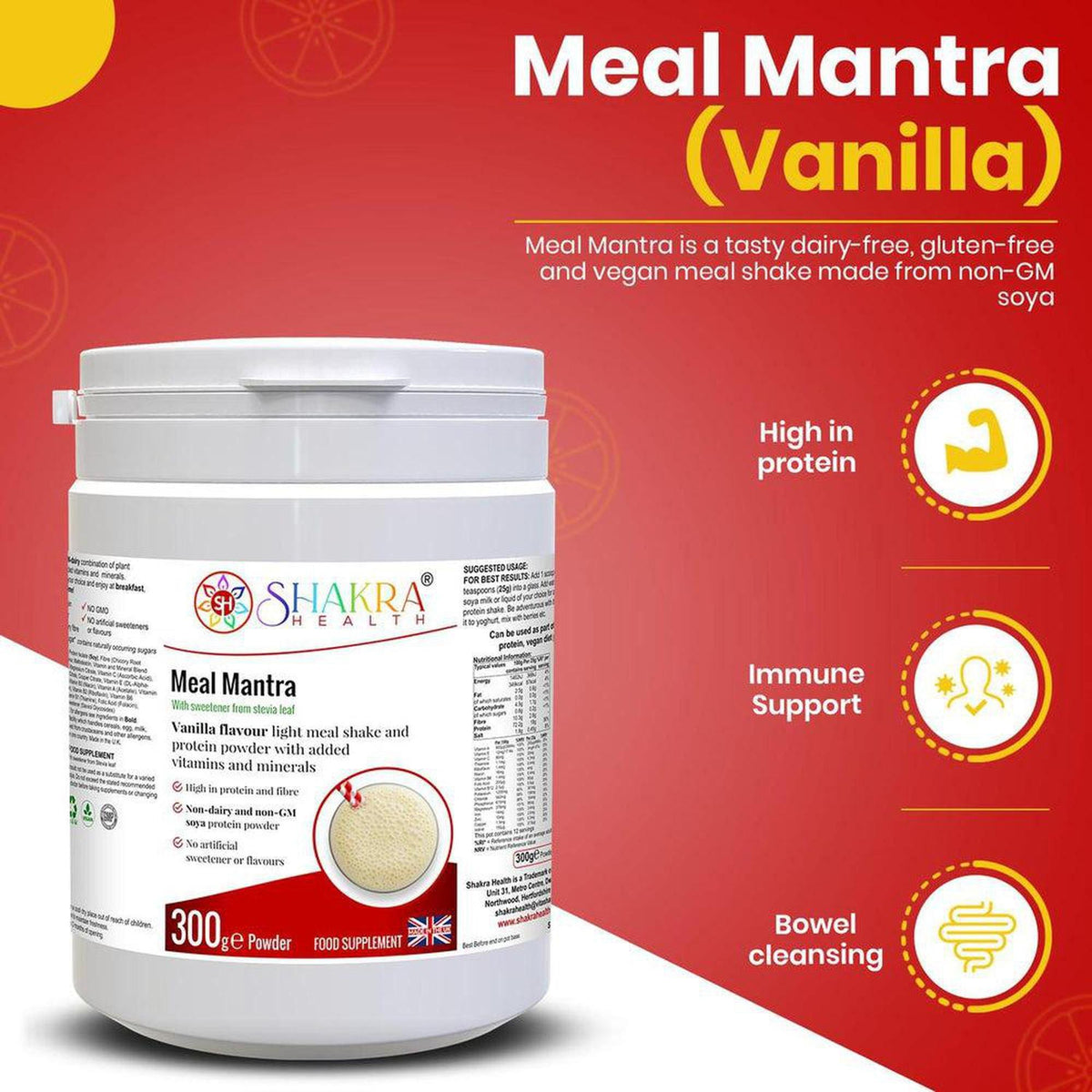 White 300g tub of Meal Mantra Vanilla protein powder with red and white branding on a vibrant red background.