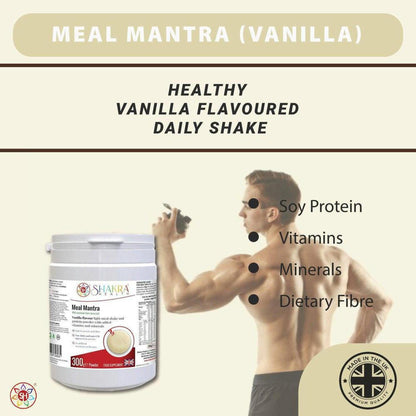 Meal Mantra Vanilla protein powder tub next to an athletic man with text highlighting soy protein and nutrients.