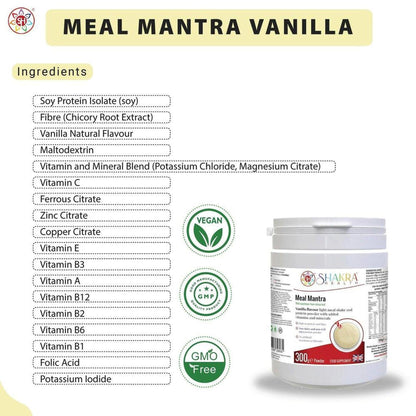 Meal Mantra Vanilla protein shake tub next to a list of ingredients, vegan, GMP, and non-GMO labels on a white background.