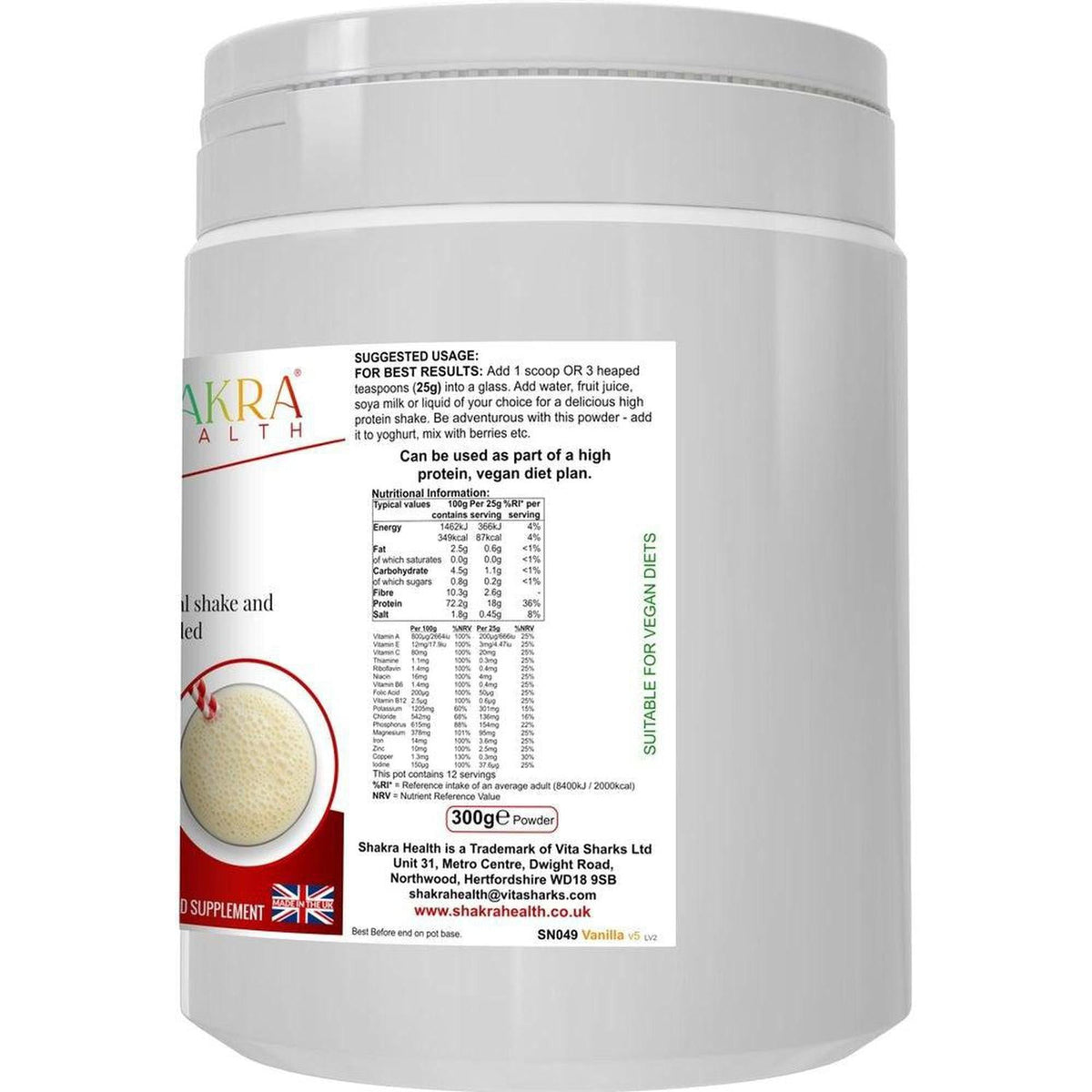 White plastic tub of Meal Mantra Vanilla protein powder with a detailed nutritional information label.