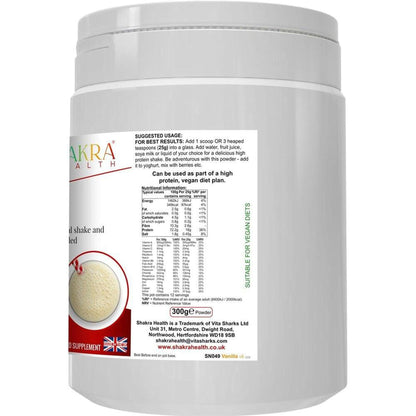 White plastic tub of Meal Mantra Vanilla protein powder with a detailed nutritional information label.