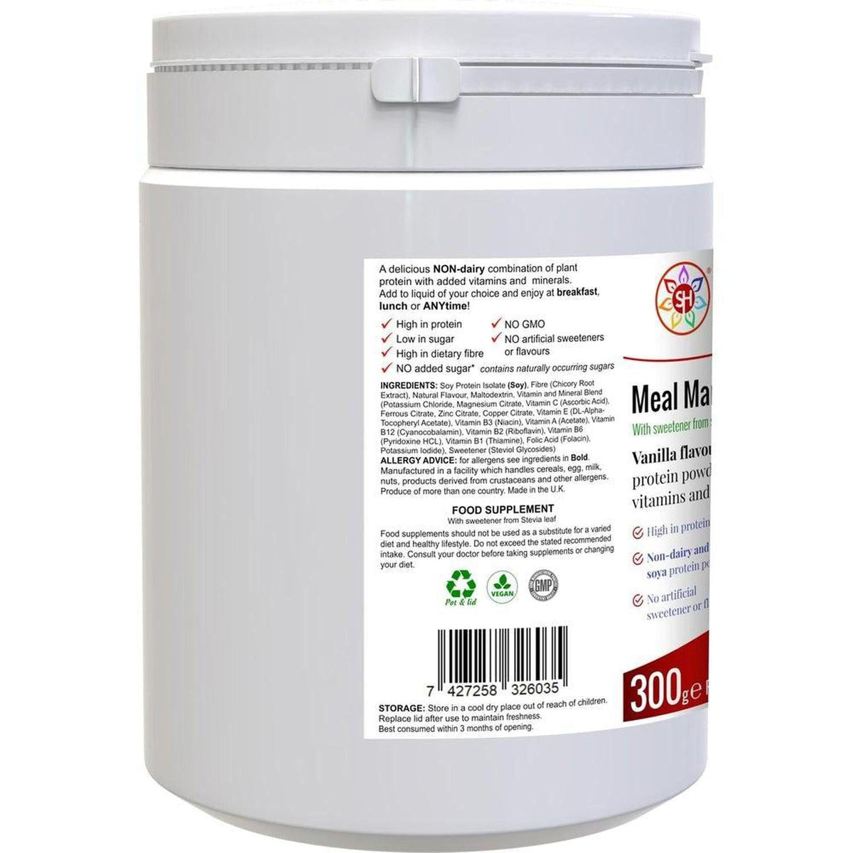 White plastic tub of Meal Mantra Vanilla protein powder featuring a detailed ingredient label and nutritional information.