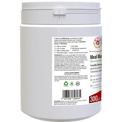 White plastic tub of Meal Mantra Vanilla protein powder featuring a detailed ingredient label and nutritional information.