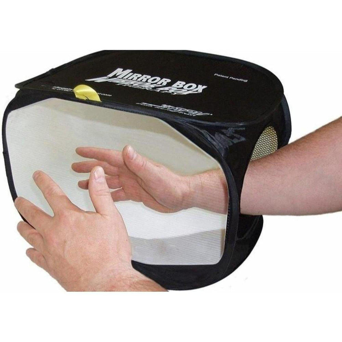 Collapsible black fabric mirror box for neuro-rehabilitation with a reflective surface showing a hand for therapy.