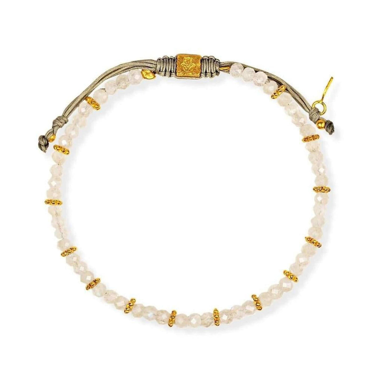 Handmade bracelet with faceted moonstone beads, gold-toned accents, and a grey adjustable cord closure.