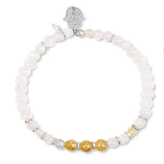 Beaded bracelet with white moonstone, three honey-yellow citrine focal stones, silver spacers, and a hamsa hand charm.