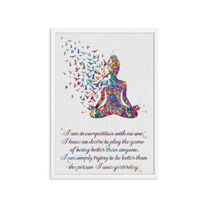 Watercolor Buddha canvas print with colorful butterflies and motivational quote in a white frame.