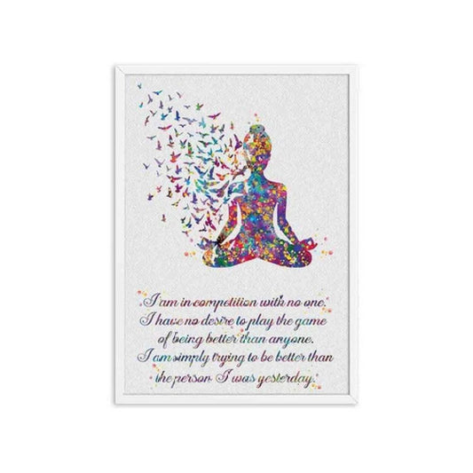 Watercolor Buddha canvas print with colorful butterflies and motivational quote in a white frame.