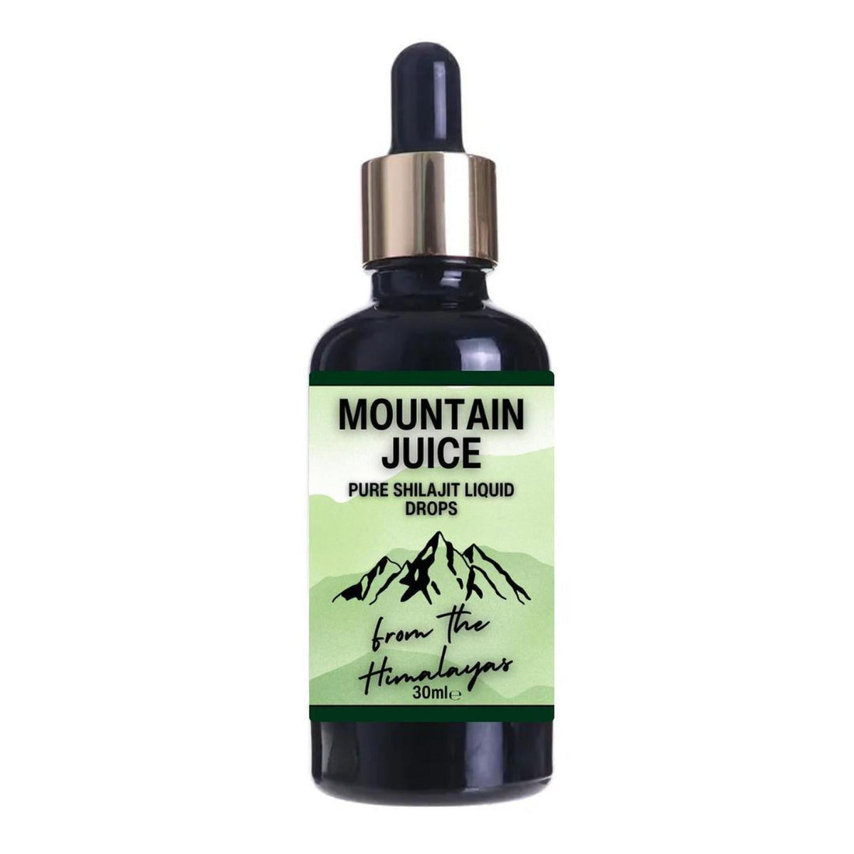 30ml dark glass dropper bottle of Mountain Juice Shilajit liquid with a green Himalayan mountain label.