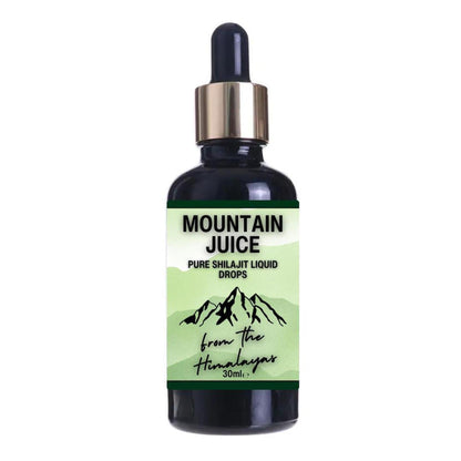 30ml dark glass dropper bottle of Mountain Juice Shilajit liquid with a green Himalayan mountain label.