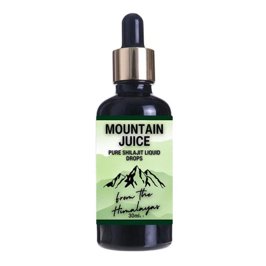 30ml dark glass dropper bottle of Mountain Juice Shilajit liquid with a green Himalayan mountain label.
