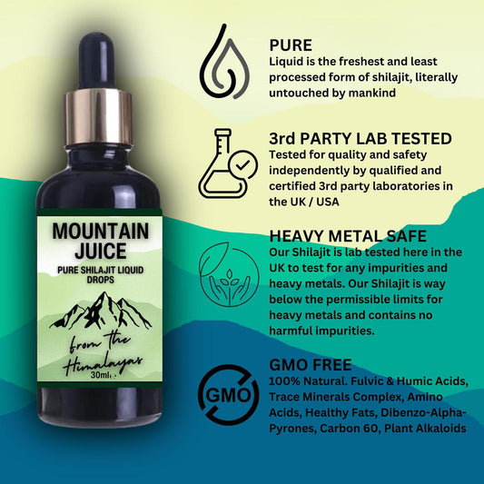 30ml Mountain Juice Shilajit liquid dropper bottle with green mountain label and infographic icons on a gradient background.