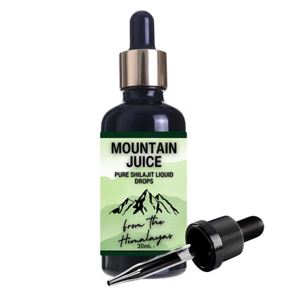Mountain Juice 30ml Shilajit liquid drops in a dark glass dropper bottle with a green mountain-themed label.