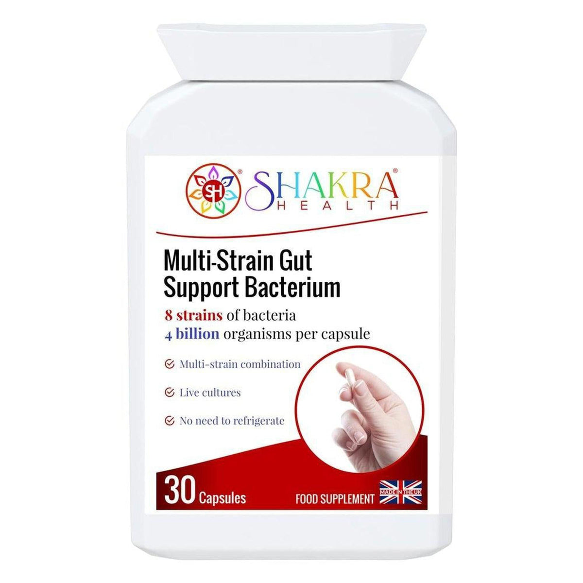 White bottle of Shakra Health Multi-Strain Gut Support Bacterium capsules with a red and white label.