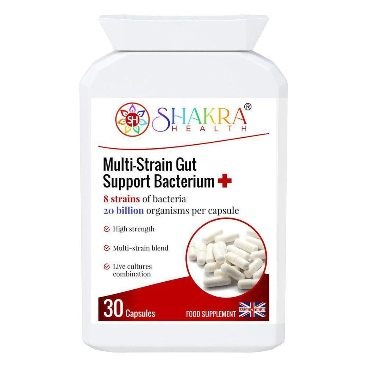 White bottle of Shakra Health Multi-Strain Gut Support Bacterium+ capsules with a red label and 30-capsule count.