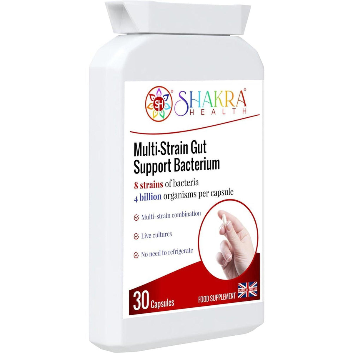 White plastic bottle of Shakra Health Multi-Strain Gut Support Bacterium capsules with a red and white label.