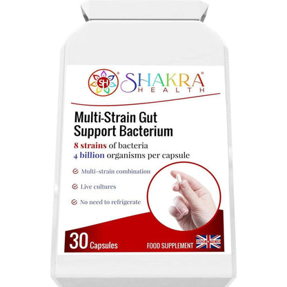White bottle of Shakra Health Multi-Strain Gut Support Bacterium capsules with a 30-count label and UK flag icon.