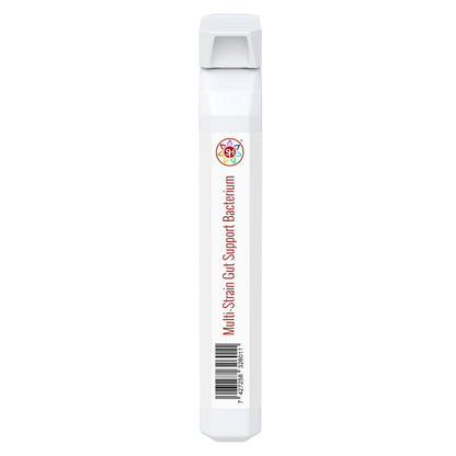 White rectangular probiotic supplement tube with a colorful logo and black text on a clean, minimalist background.