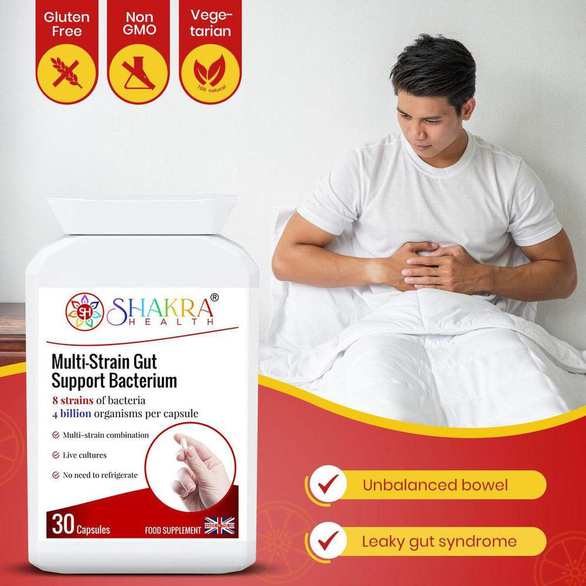 White bottle of Shakra Health Multi-Strain Gut Support Bacterium capsules with dietary icons and a man holding his stomach.
