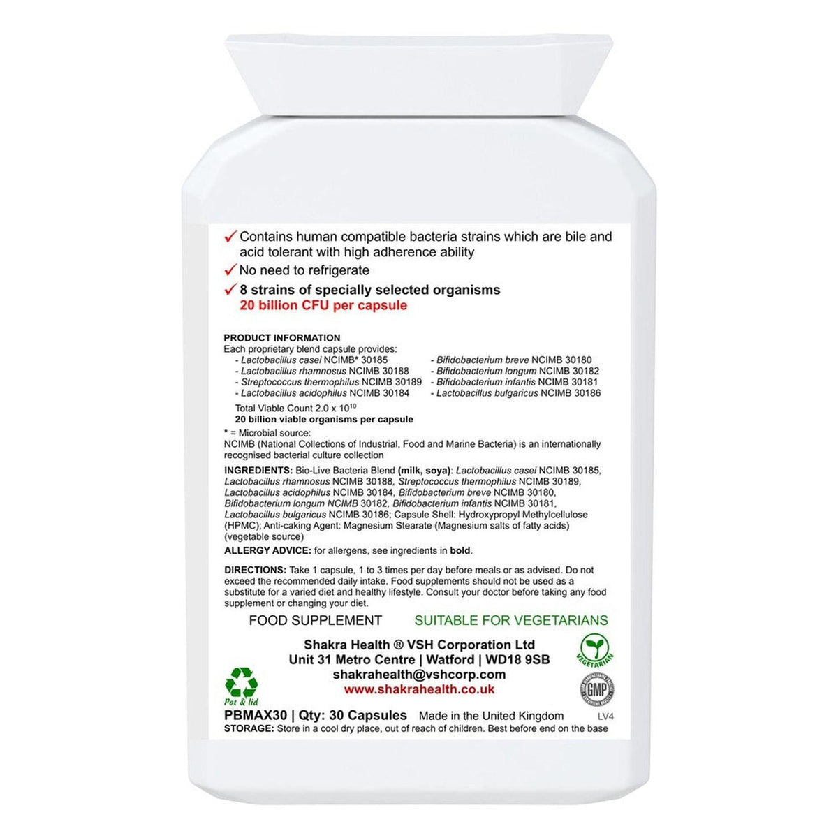 White plastic supplement bottle showing detailed product information, ingredient list, and vegetarian certification label.