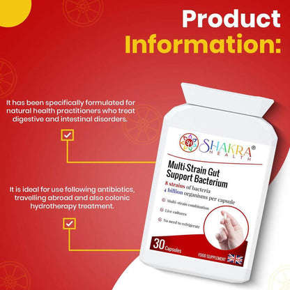 White bottle of Shakra Health Multi-Strain Gut Support Bacterium with 30 capsules, featuring red text and a UK flag icon.