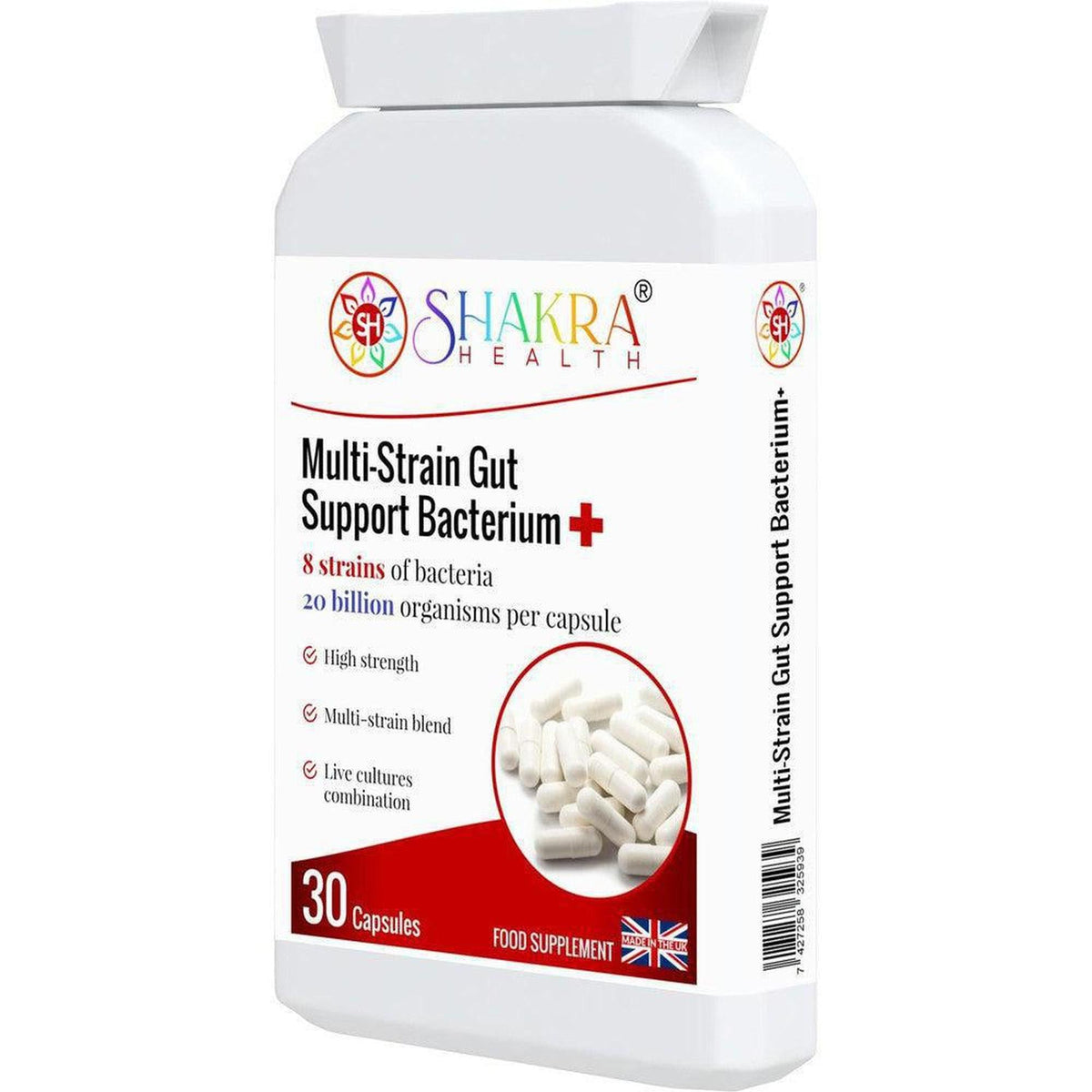 White plastic bottle of Shakra Health Multi-Strain Gut Support Bacterium+ capsules with red and black branding.