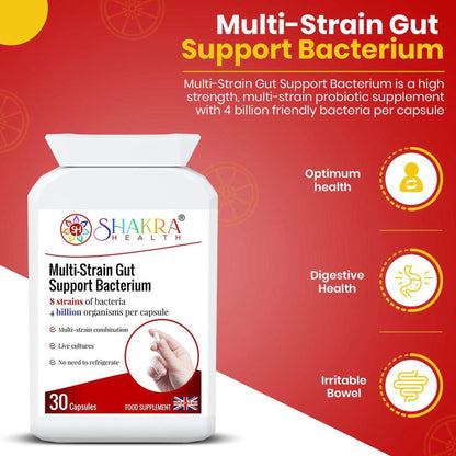 White bottle of Shakra Health Multi-Strain Gut Support Bacterium capsules with red branding and health benefit icons.