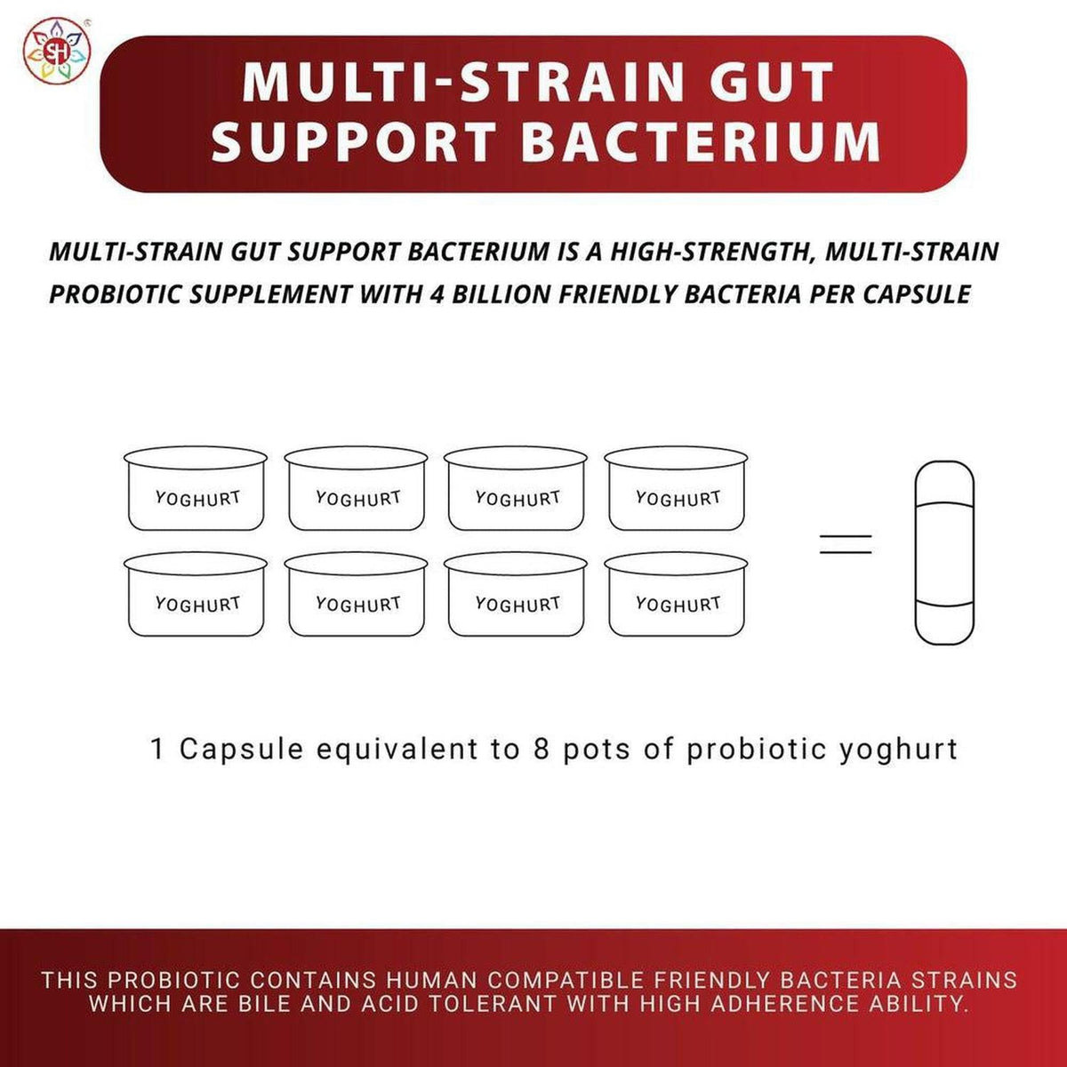 Infographic showing one probiotic capsule equals eight pots of yoghurt, with red headers and white text on a clean background.