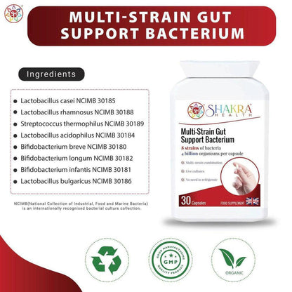 White bottle of Shakra Health Multi-Strain Gut Support probiotic capsules with an ingredient list and organic certification.