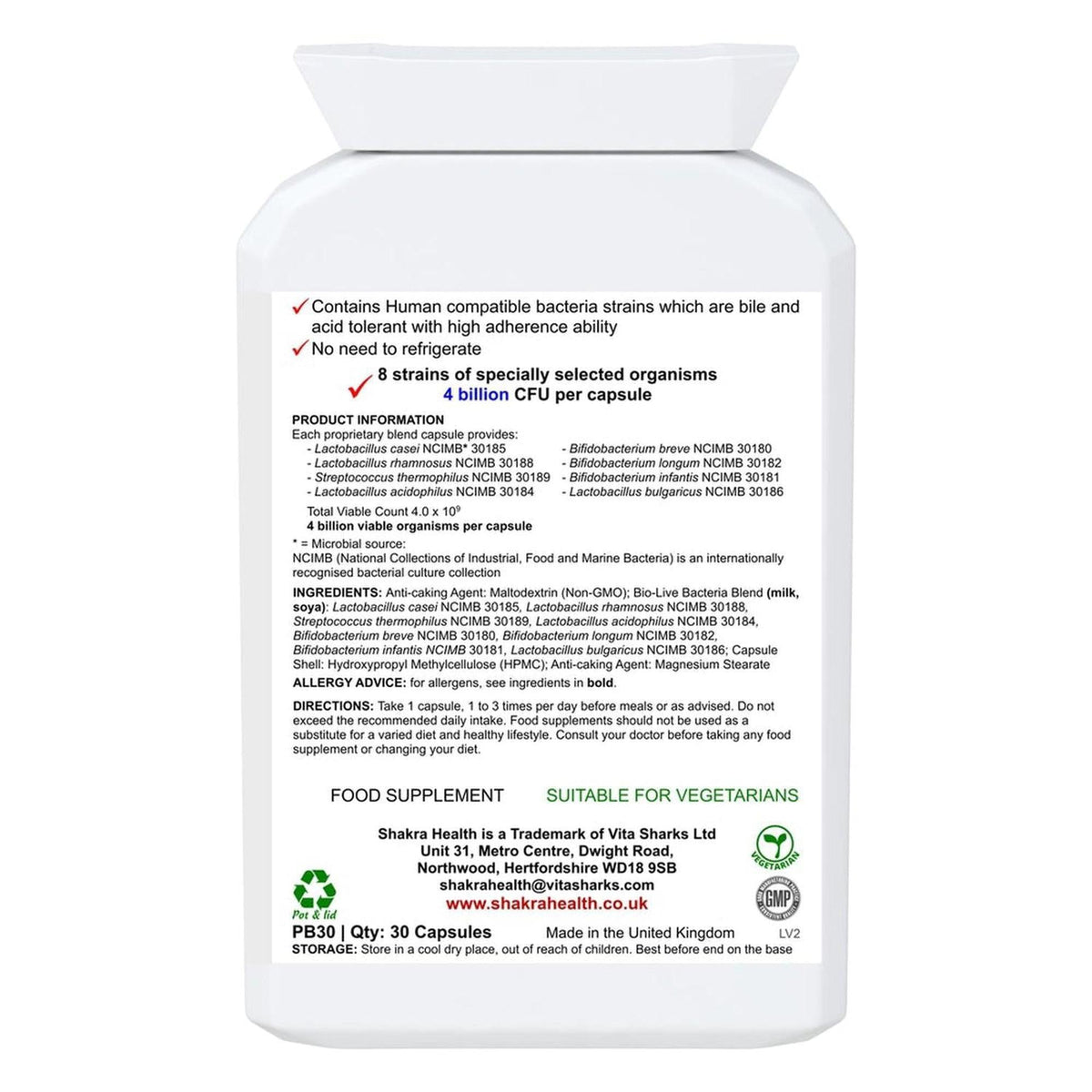 White plastic bottle of Multi-Strain Gut Support Bacterium with a detailed label listing 4 billion CFU and ingredients.