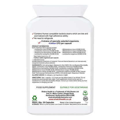 White plastic bottle of Multi-Strain Gut Support Bacterium with a detailed label listing 4 billion CFU and ingredients.