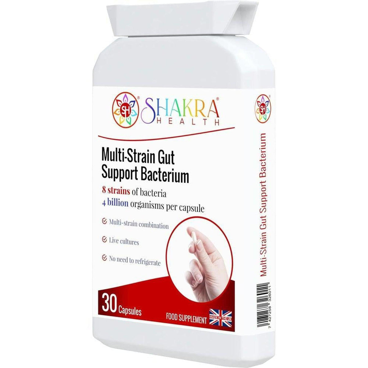 White plastic bottle of Shakra Health Multi-Strain Gut Support Bacterium capsules with a red and white label.