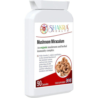 White bottle of Shakra Health Mushroom Miraculum capsules with a label featuring a mushroom image and 90 capsule count.