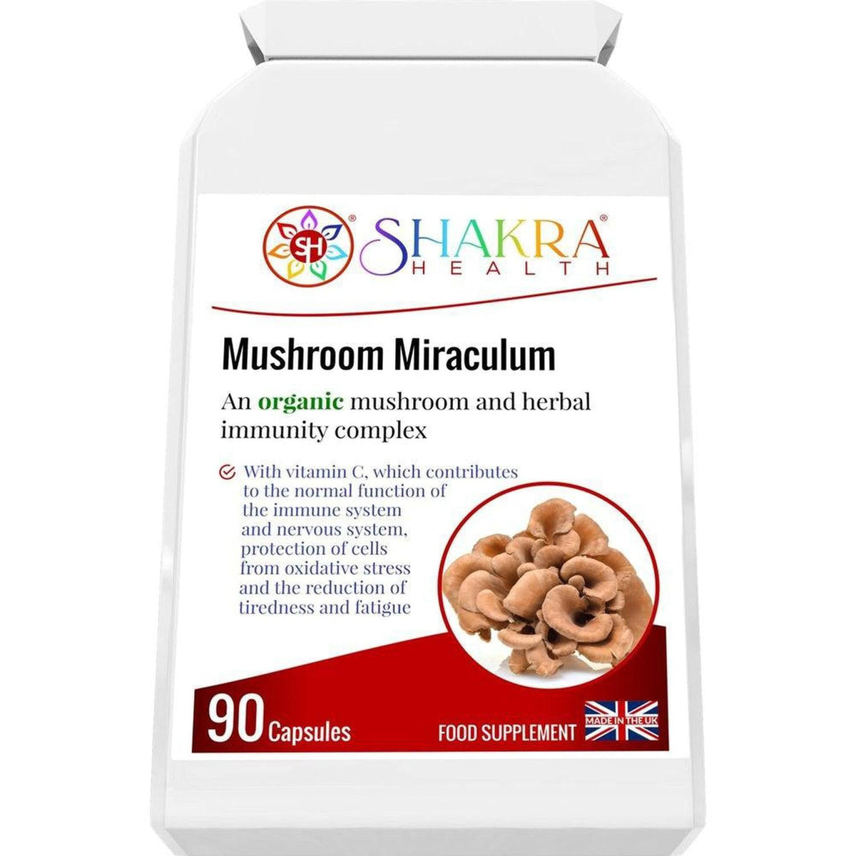 White bottle of Mushroom Miraculum capsules with a Shakra Health logo and a cluster of brown mushrooms on the label.