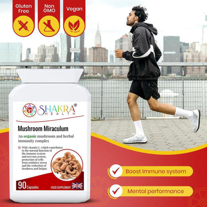 Shakra Health Mushroom Miraculum supplement bottle with organic mushroom imagery, shown alongside a jogging man.
