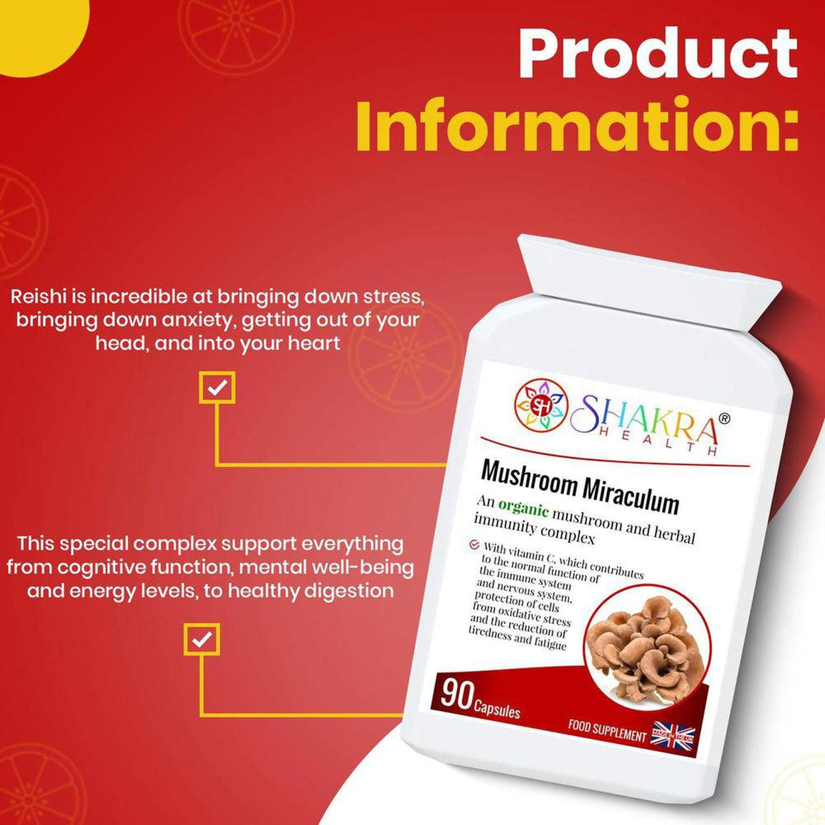 White bottle of Shakra Health Mushroom Miraculum capsules with product benefits listed on a red background.