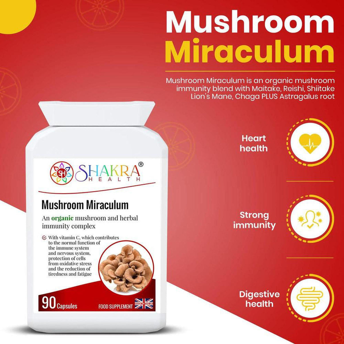 White bottle of Mushroom Miraculum capsules with a red and white label, featuring health benefit icons on a red background.