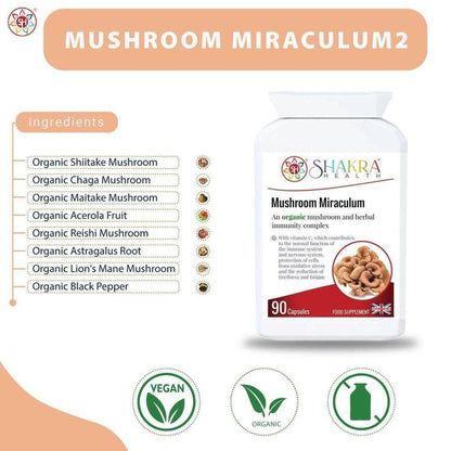 Shakra Health Mushroom Miraculum supplement bottle with ingredient list and vegan, organic, and plastic-free icons.