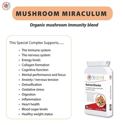 Mushroom Miraculum supplement bottle next to a list of health benefits on a white background.