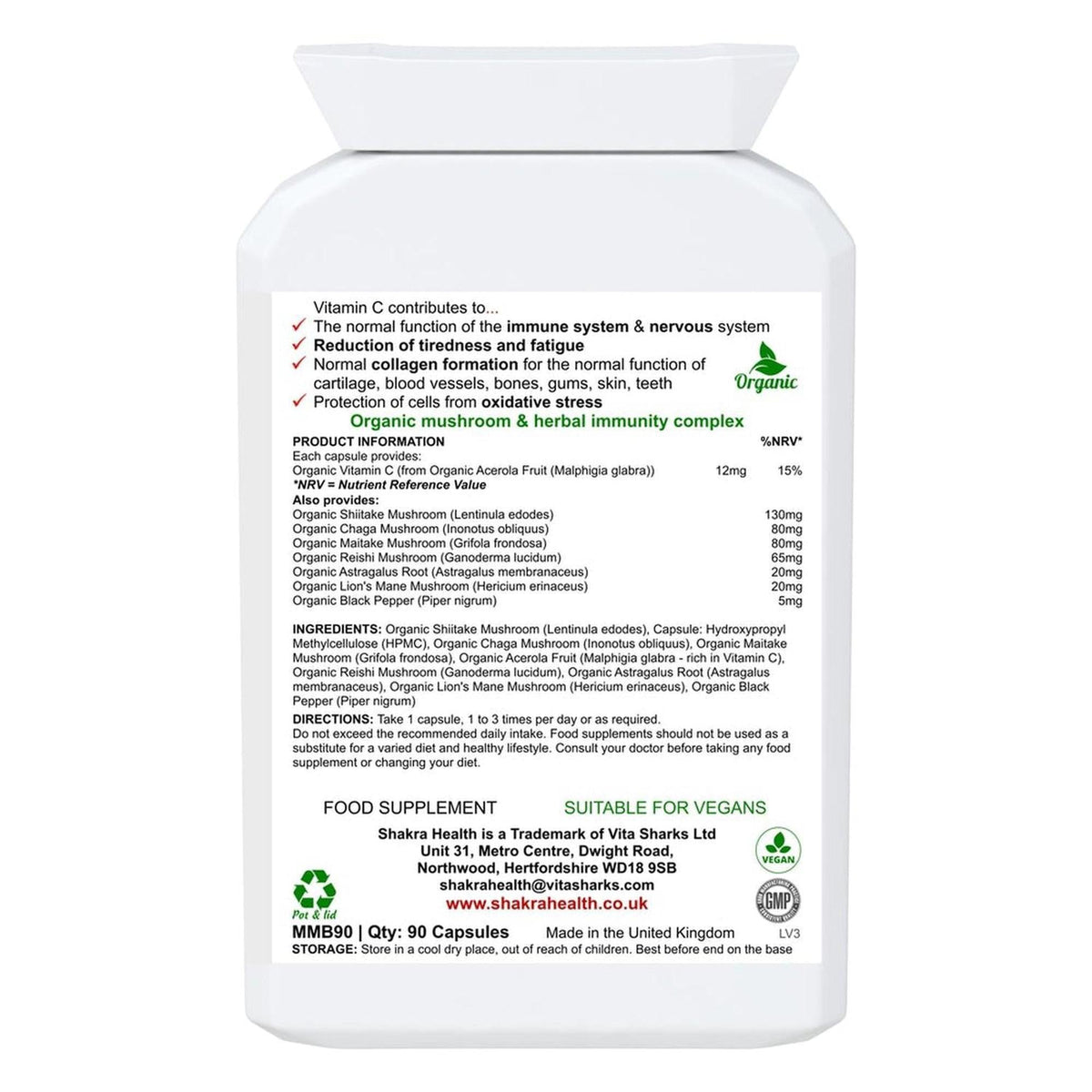 White plastic supplement bottle label showing ingredients, nutritional facts, and vegan certification for Mushroom Miraculum.