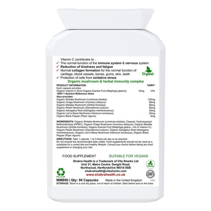 White plastic supplement bottle label showing ingredients, nutritional facts, and vegan certification for Mushroom Miraculum.